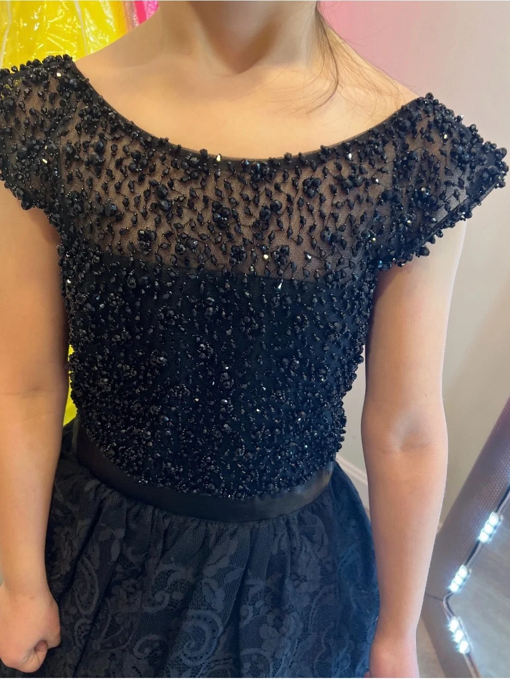 Sherri Hill Girls Black Beaded Lace Tulle Occasion Dress